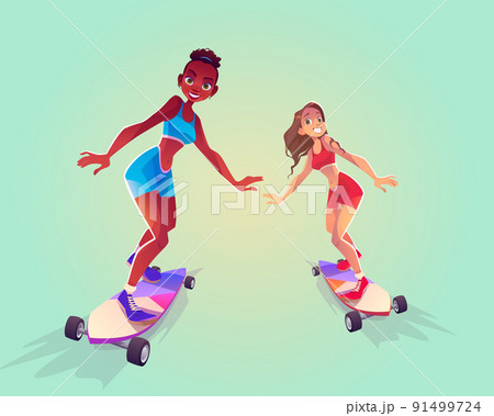 Happy girls riding on skateboard on road with palm Happy girls riding on skateboard on road with palm 91499724