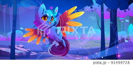 Cute monster cat on fantasy forest landscape 91499728