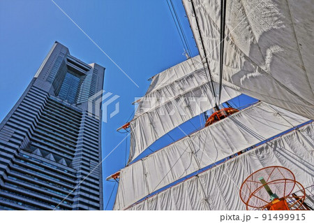 夏の青空と帆船(日本丸 横浜みなとみらい) 夏の青空と帆船(日本丸 横浜みなとみらい) 91499915