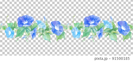 2色のアサガオの花。水彩イラスト。連続した飾り罫線。シームレスパターン。 91500185