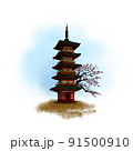 Japanese pagoda. A beautiful historical structure, the splendor of architecture, traditional buildings. Cherry blossom. History in sketches. 91500910