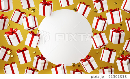 金色の背景に白のプレゼントボックスと金色の星。中央に白い円形。	 91501358