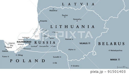 Lithuania and Kaliningrad, gray political map, with capitals and largest cities. Republic of Lithuania, an European and Baltic country, and Kaliningrad Oblast, a federal subject and exclave of Russia. Lithuania and Kaliningrad, gray political map, with capitals and largest cities. Republic of Lithuania, an European and Baltic country, and Kaliningrad Oblast, a federal subject and exclave of Russia. 91501403