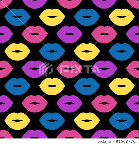 Colorful female lips. Seamless bright vector pattern on a black background. Fashion pop art background. For modern original designs, prints, textiles, fabrics, wallpapers, backdrops, etc. Colorful female lips. Seamless bright vector pattern on a black background. Fashion pop art background. For modern original designs, prints, textiles, fabrics, wallpapers, backdrops, etc. 91503776