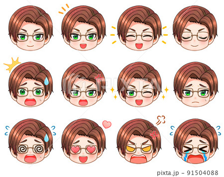 眼鏡サラリーマン男性ちびキャラの顔アイコン素材_茶髪 眼鏡サラリーマン男性ちびキャラの顔アイコン素材_茶髪 91504088
