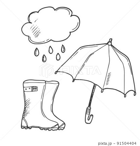 Cute outline illustration of cloud, rubber boots and umbrella. Weather concept. Rainy day. Cloud holds the umbrella. Hand drawn cartoon art in doodle sketch style. Kids,children style baby drawing Cute outline illustration of cloud, rubber boots and umbrella. Weather concept. Rainy day. Cloud holds the umbrella. Hand drawn cartoon art in doodle sketch style. Kids,children style baby drawing 91504404