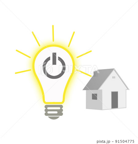 白バックに電球に電源スイッチと一戸建ての家 91504775