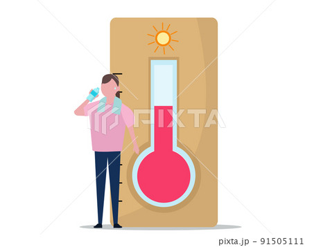 温度計と水を飲む女性 熱中症対策 猛暑 夏 イラスト 背景透過 91505111
