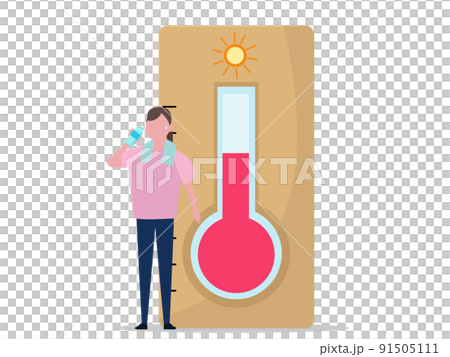 温度計と水を飲む女性 熱中症対策 猛暑 夏 イラスト 背景透過 91505111