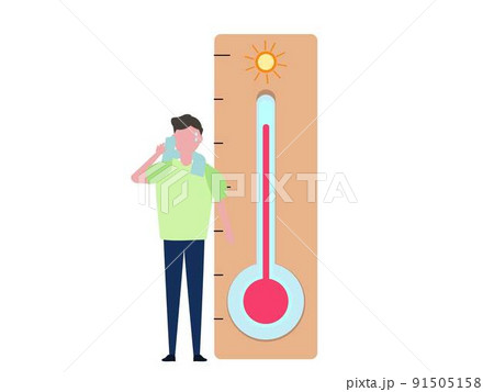 温度計と暑がる男性 猛暑 汗を拭く タオル 熱中症 人物 背景透過 イラスト	 91505158