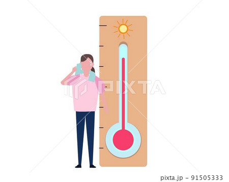 温度計と暑がる女性 猛暑 汗を拭く タオル 熱中症 イラスト 背景透過 91505333