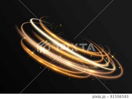 Gold light effect curves with sparkle on black background. 91506583