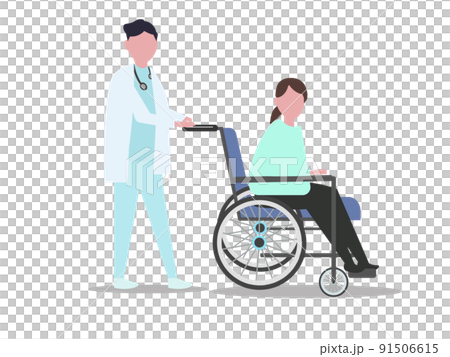 Pushing a wheelchair Doctor in a lab coat Patient Treatment Hospital Illustration Pushing a wheelchair Doctor in a lab coat Patient Treatment Hospital Illustration 91506615