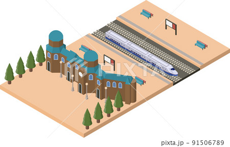レトロな駅舎のある駅のホームに特急列車が停車しているアイソメトリックスタイルのイラスト 91506789