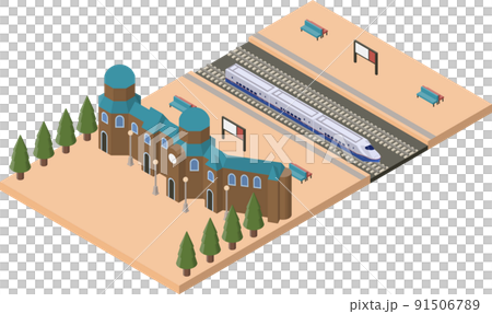 レトロな駅舎のある駅のホームに特急列車が停車しているアイソメトリックスタイルのイラスト 91506789