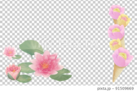 ピンクの蓮とババヘラアイスの飾り枠 91509669