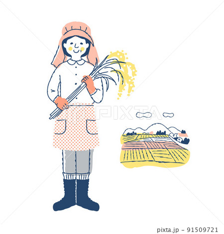 稲穂を持っている稲作農家の女性と田んぼ 91509721