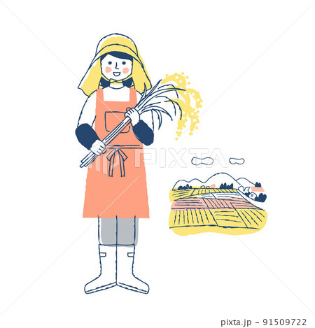 稲穂を持っている稲作農家の女性と田んぼ 91509722