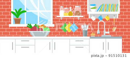 Eco friendly green kitchen interior background. Flat vector illustration. Zero waste reusable utensils, vegetables in metal bowl, cloth napkins, glass jars, houseplant on windowsill, flexible sink tap 91510131