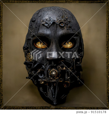 Concept of an Ancient Dark Wood Mask with Intricate Gold Details 91510178