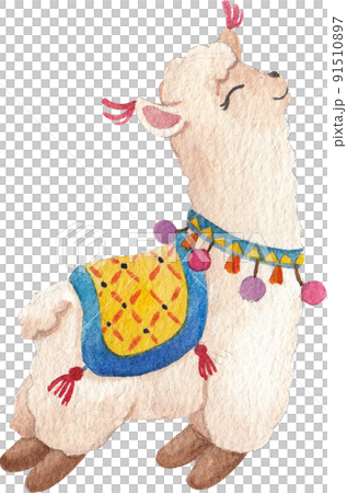 Watercolor hand draw illustration with cute alpaca lama and decor icon 91510897