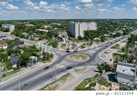 Damaged ruined houses in Chernihiv near Kyiv on north of Ukraine 91511354