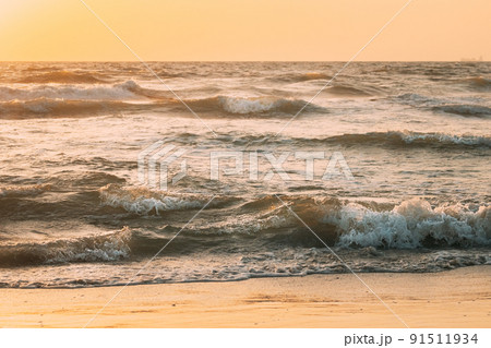 Sea ocean water surface with foaming small waves at sunset. Evening sunlight sunshine above sea. Ocean water foam splashes washing sandy beach. Crashing waves of sandy coastline. Natural sunset sky 91511934