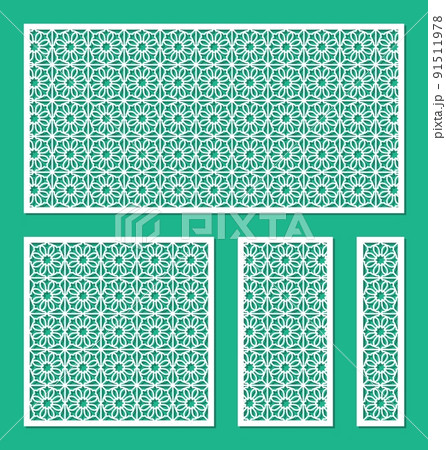 Set of panels with a floral pattern. Stencils, lattice of square, rectangular shape with decorative flowers, petals. Template for plotter laser cutting of paper, metal engraving, wood carving, cnc. 91511978