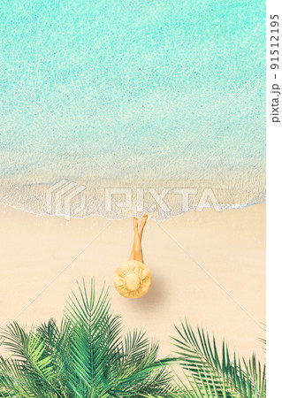 Top view of woman in bikini and straw hat lying and sunbathes on tropical Seychelles sea sand beach with palm tree grove. Aerial, drone view. Vertical Top view of woman in bikini and straw hat lying and sunbathes on tropical Seychelles sea sand beach with palm tree grove. Aerial, drone view. Vertical 91512195