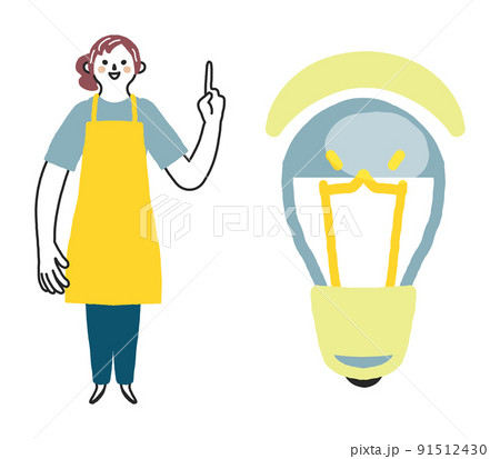 節電をお知らせする黄色いエプロンの女性スタッフ　セット　イラスト素材	 91512430