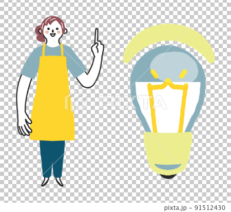 節電をお知らせする黄色いエプロンの女性スタッフ　セット　イラスト素材	 91512430