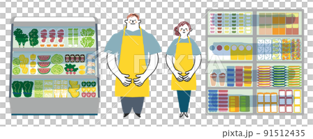 帶圍裙和大型冰箱的工作人員為節電的合作設置插圖素材 91512435