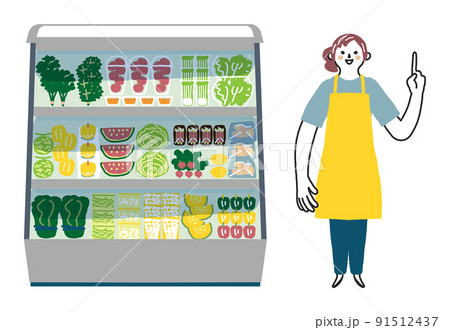 節電をお知らせする黄色いエプロンの女性スタッフと大型冷蔵庫　セット　イラスト素材			 91512437