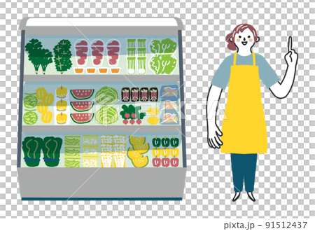 節電をお知らせする黄色いエプロンの女性スタッフと大型冷蔵庫　セット　イラスト素材			 91512437