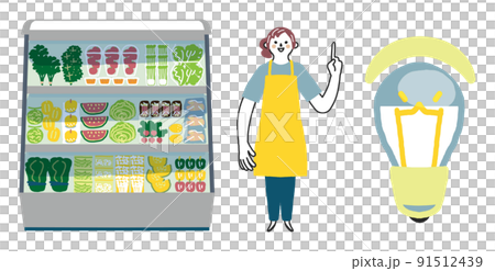 穿著黃色圍裙和大冰箱的女員工通知您節電插圖素材 91512439