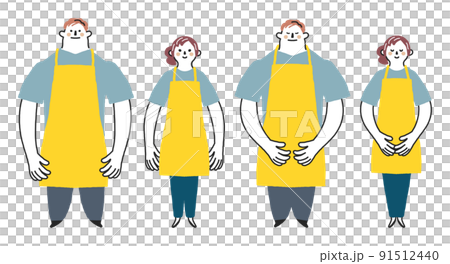 黄色いエプロンを付けた男女のスタッフまたは店員　セット　イラスト素材 91512440