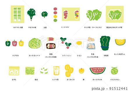 スーパーの野菜用大型冷蔵庫で販売されている野菜や果物　セット　イラスト素材 91512441