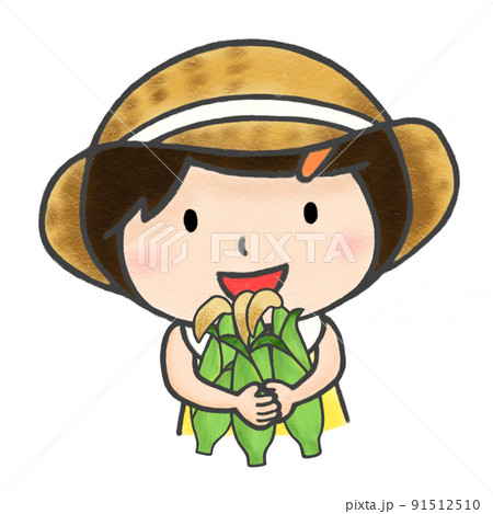 色鉛筆手描きイラスト　トウモロコシを抱える女の子 91512510