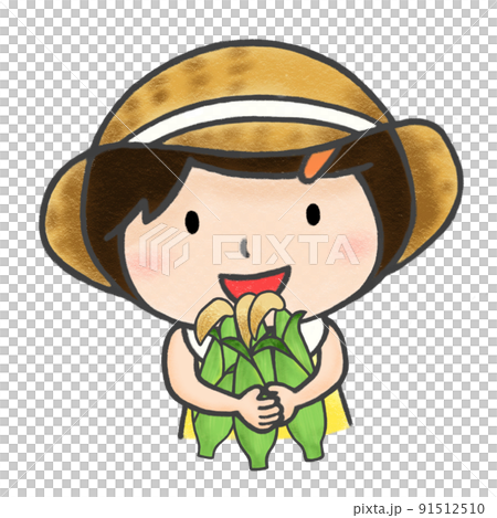 色鉛筆手描きイラスト　トウモロコシを抱える女の子 91512510