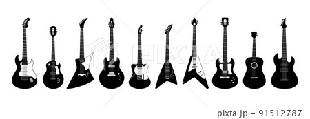 Rock guitar silhouette. Musical string instruments. Electric fender. Neck and bass in drawn acoustic music sketch. Black shapes. Musicians equipment set. Vector outline illustration Rock guitar silhouette. Musical string instruments. Electric fender. Neck and bass in drawn acoustic music sketch. Black shapes. Musicians equipment set. Vector outline illustration 91512787