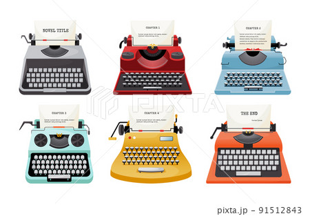 Retro typewriter. Vintage brand for copywriter, screenplay, news writer and storytelling. Poet, screenwriter and novelist equipment. Icon isolated elements. Vector cartoon flat illustration 91512843