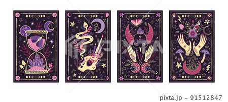 Tarot card frame. Magic eye background with esoteric moon, mystic posters with astrology elements, boho style occult spiritual symbol and celestial sign. Vector design illustration Tarot card frame. Magic eye background with esoteric moon, mystic posters with astrology elements, boho style occult spiritual symbol and celestial sign. Vector design illustration 91512847
