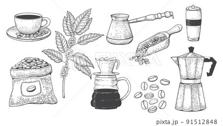 Vintage engraved coffee set. Line art hand drawn engraving style, sketch beans and seeds, antique detailed sack, espresso cup, italian grinder, leaf and mug. Vector illustration silhouette Vintage engraved coffee set. Line art hand drawn engraving style, sketch beans and seeds, antique detailed sack, espresso cup, italian grinder, leaf and mug. Vector illustration silhouette 91512848