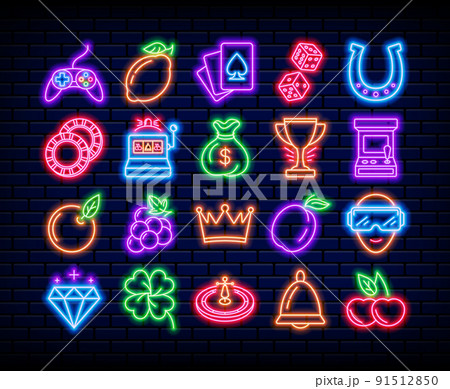 Neon casino slot icons. Light machine objects. Fruits and fortune symbols. Luminous cherry and star. Luck bar signs on brick wall. Poker cards. Roulette game. Vector gambling logo set 91512850