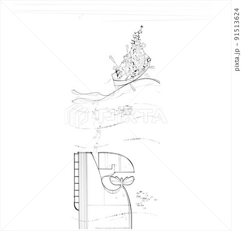 Crew in a sinking ship pile high in a life boat 91513624