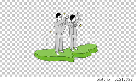 東京都の地図の上に立つ笑顔の作業服の男女、3Dイラスト、ベクターイラストレーション 91513758