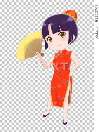チャイナドレスに扇子を持った女の子のイラストアイコン　アニメ塗り 91513768