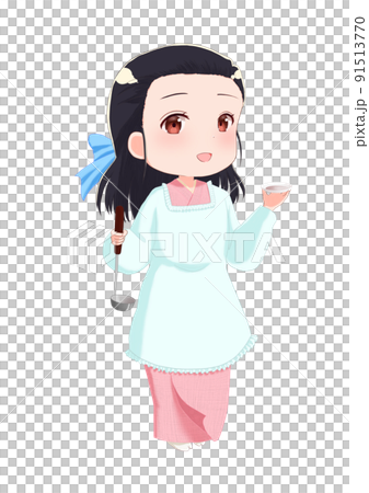 割烹着姿の女性のイラスト　アニメ塗り 91513770