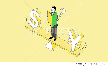 円とドルのバランスの上で悩む初心者マークを持った若い男性のイラスト、ベクター 91513925