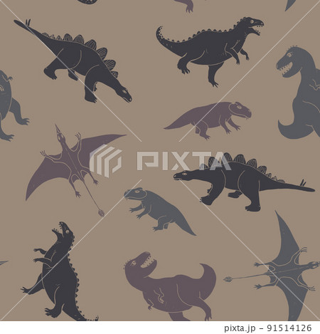 Dino Seamless Pattern, Cute Cartoon Dinosaurs Doodles Vector Illustration 91514126